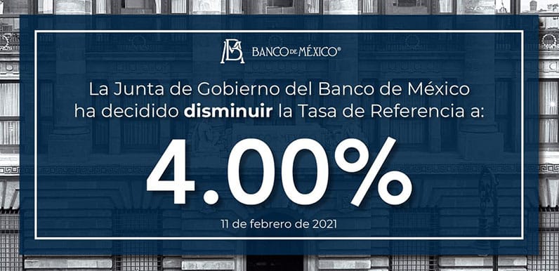 La Junta de Gobierno de Banxico decidió disminuir la tasa de referencia al 4%